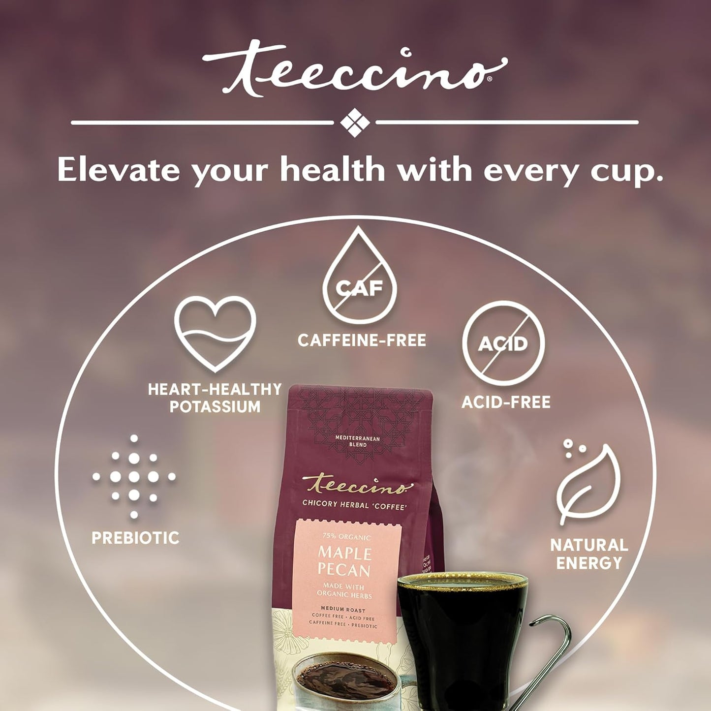 Teeccino Maple Pecan Chicory Coffee Alternative - Ground Herbal Coffee That’s Prebiotic, Caffeine Free & Acid Free, Medium Roast, 11 Ounce