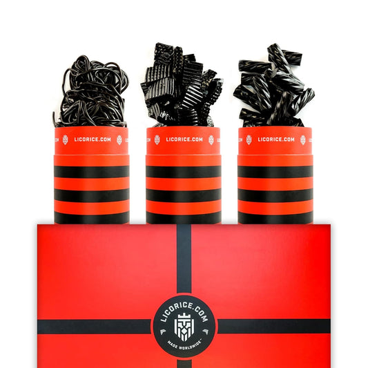 Licorice.com | Candy Gift Box | Soft & Chewy Black Licorice Trio | Australian Sweet & Rich Black Authentic Licorice Spirals & Pillows | Great Gift Idea for Holidays and Birthdays | Pack of 3