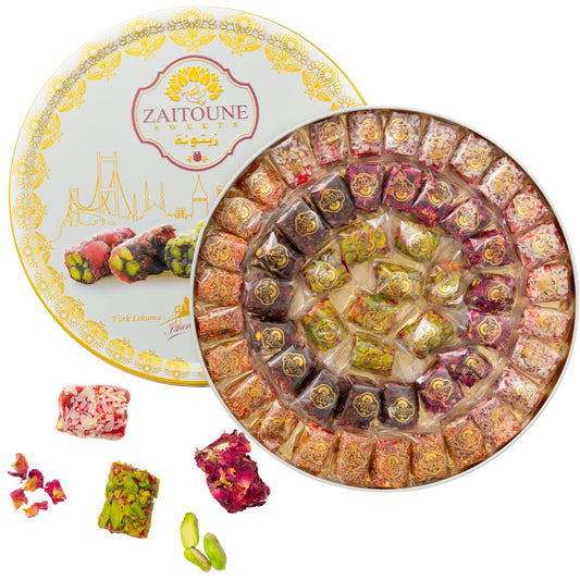 Zaitoune Turkish Delight Mix - 22 oz | Luxury Coatings of Pomegranate, Pistachio, Coconut, Kataifi & Rose | Authentic Lokum Sweet Assortment in a Beautiful Gift Tin | Handmade & Individually Wrapped