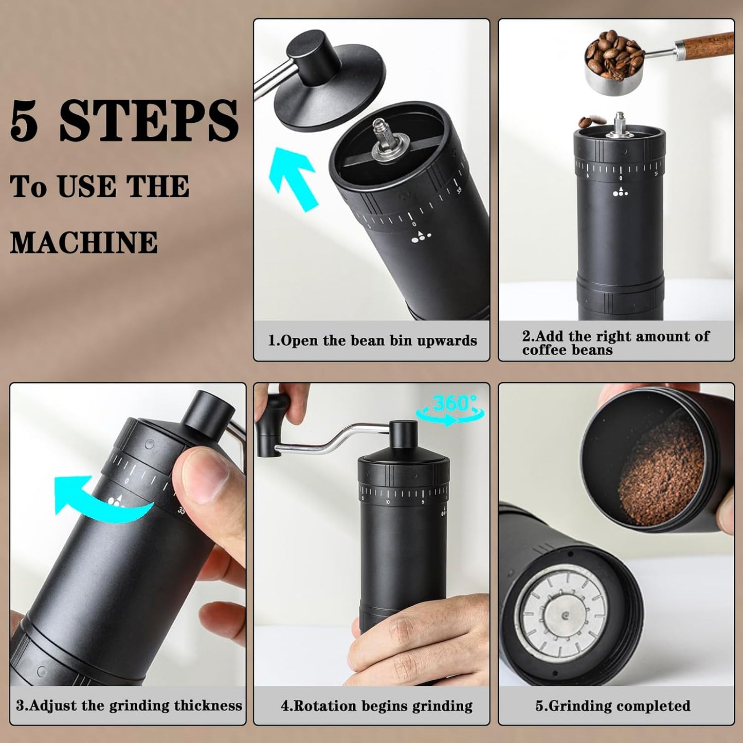 Manual Coffee Grinder with 7 Star Stainless Steel Conical Burr, Portable Coffee Grinder with External Adjustable Grind Setting (Black)