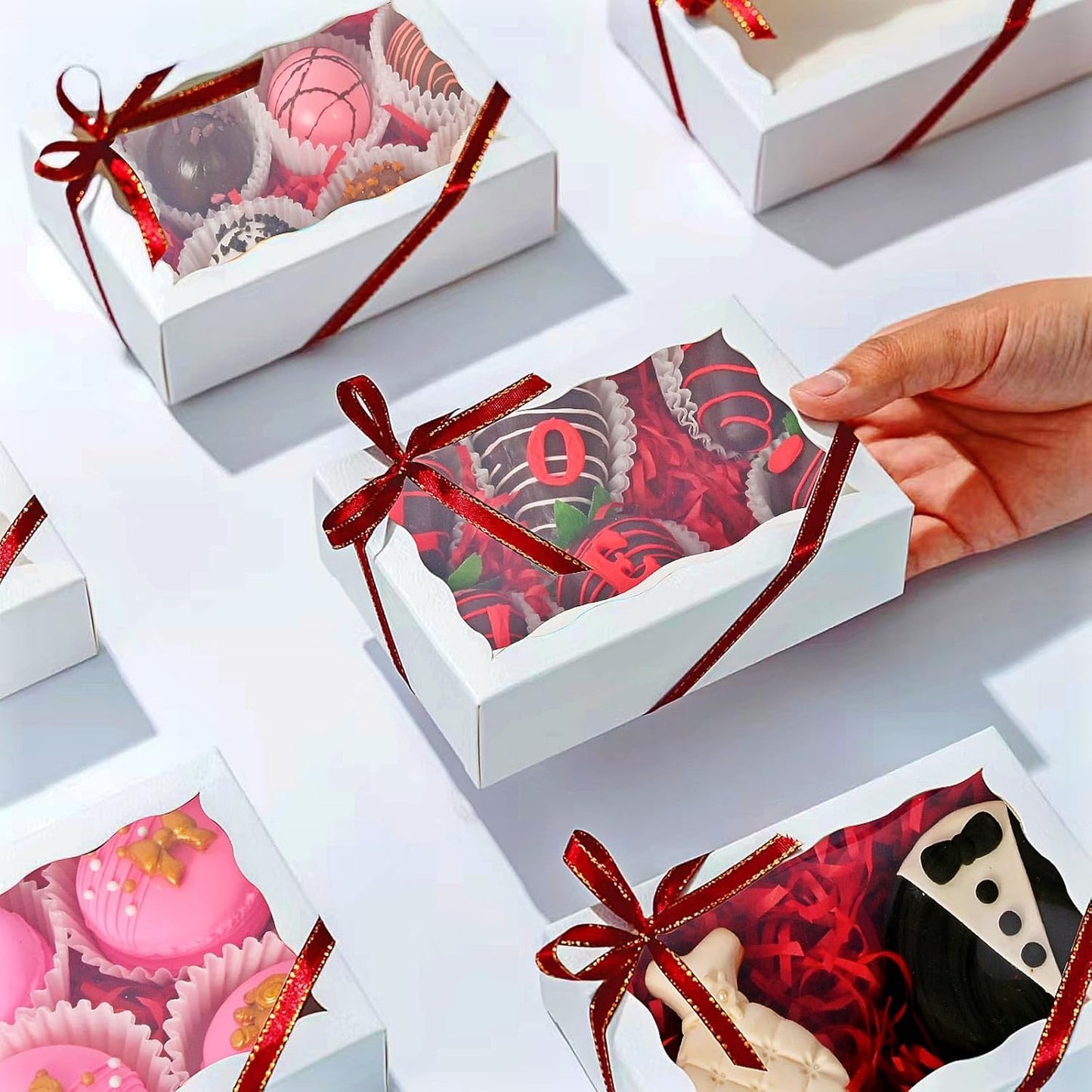 White Rectangular 7"X4.3"X1.5" Dishwasher Safe Clear Window Pastry Boxes - 100 Count for Cookies, Macarons, Donuts, Cakes