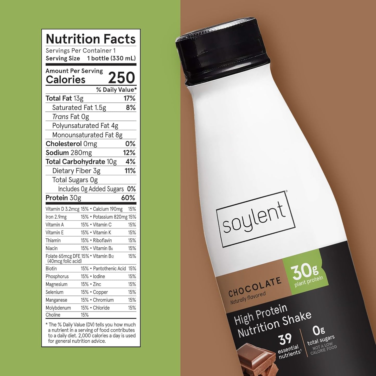 Soylent Chocolate High Protein Shake, 30g Complete Protein, Vegan, Dairy Free and 0g Sugar, Ready to Drink Protein Drinks, 11 Oz, 24 Pack