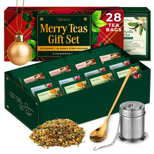 Gya Tea Co 14 Flavors Merry Tea Gift Set Variety Pack (28 Packs) - Assorted Loose Leaf Tea Sampler for Warm Holidays - Get Well Gifts With Infuser & Spoon