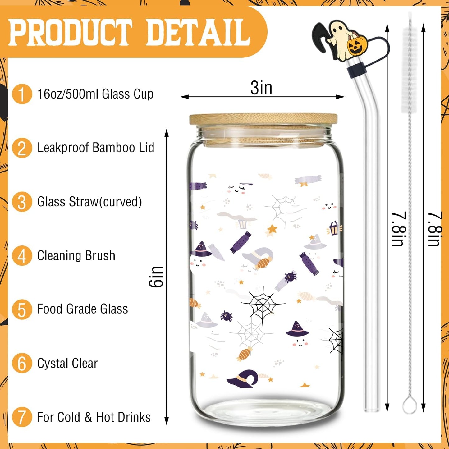 White Ghost Glass, 16 Oz, Fall Iced Coffee Mug with Straw and Lid, Perfect for Gothic Horror Themed Gifts and Thanksgiving Gifts (One)