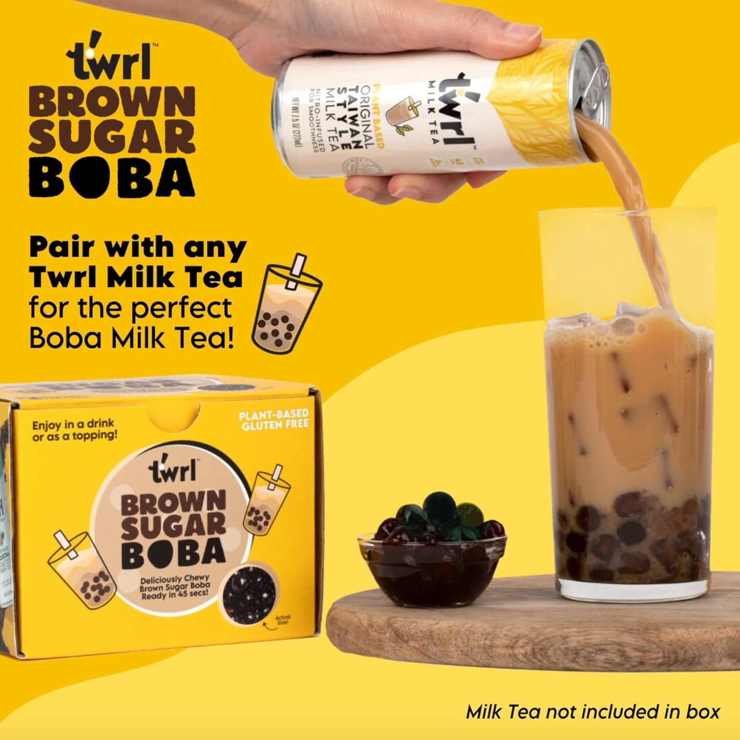 Twrl Brown Sugar Boba Bubble Tea Toppings - Taiwanese Boba Pearls, Cafe-Style Tapioca Milk Tea Topping, Instant - Perfect for Milk Tea and Coffee, Gluten-Free, Plant-Based - Pack of 6 Single Servings