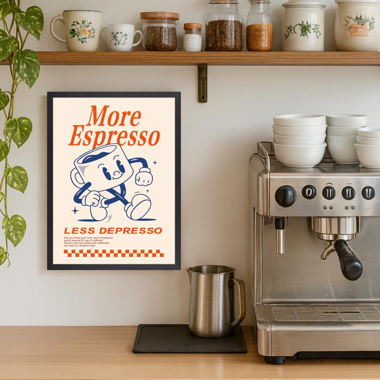 GELDSTEI Wood Framed Cute Coffee Wall Art, More Espresso Less Depresso Wall Decor, Funny Coffee Bar Aesthetic Picture, Vintage Cafe Bar Poster Print, Retro Cafe Cup Canvas Painting for Kitchen 16"x24"
