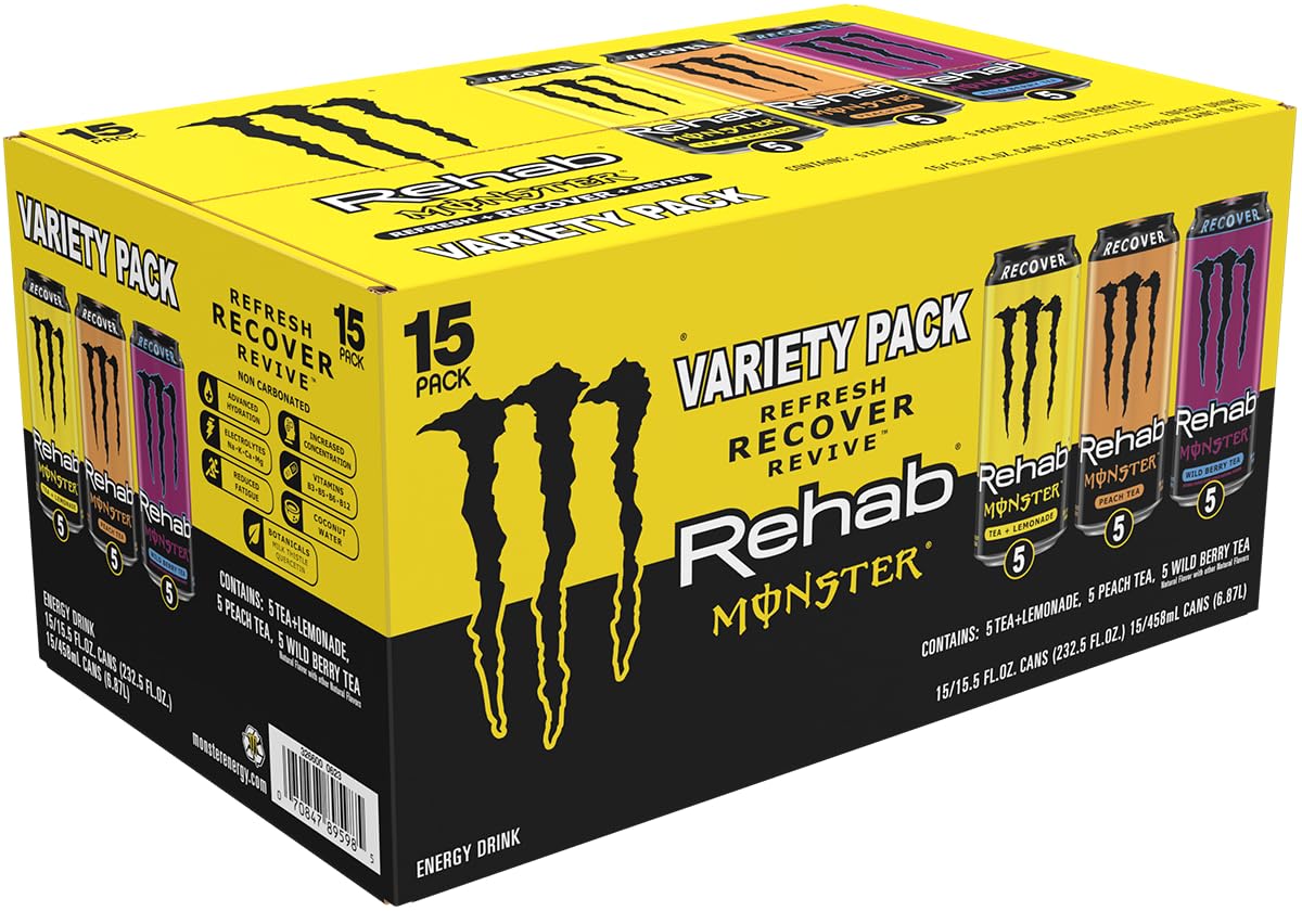 Monster Energy Rehab Tea + Lemonade, Peach, Wild Berry, Variety Pack, Energy Iced Tea,15.5 Ounce (Pack of 15)