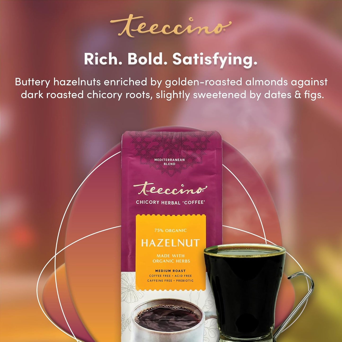 Teeccino Hazelnut Chicory Coffee Alternative - 11 Ounce - Ground Herbal Coffee That’s Prebiotic, Caffeine Free & Acid Free, Medium Roast, (Pack of 3)