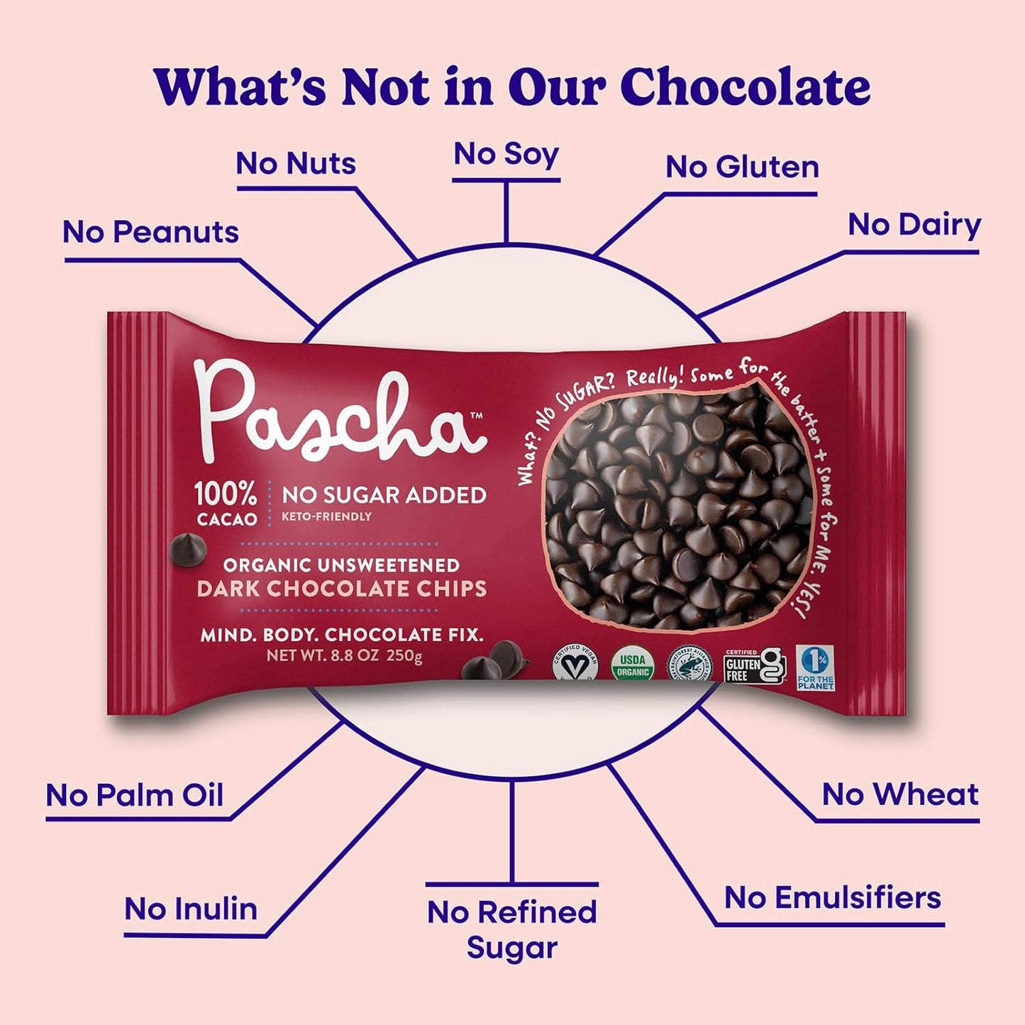 Pascha Organic 100% Cacao Baking Chips - Unsweetened Dark Chocolate - Sugar-Free, Keto, Vegan Baking Chocolate - Single Ingredient, Rainforest Alliance Certified - Allergen-Free, (Pack of 6)