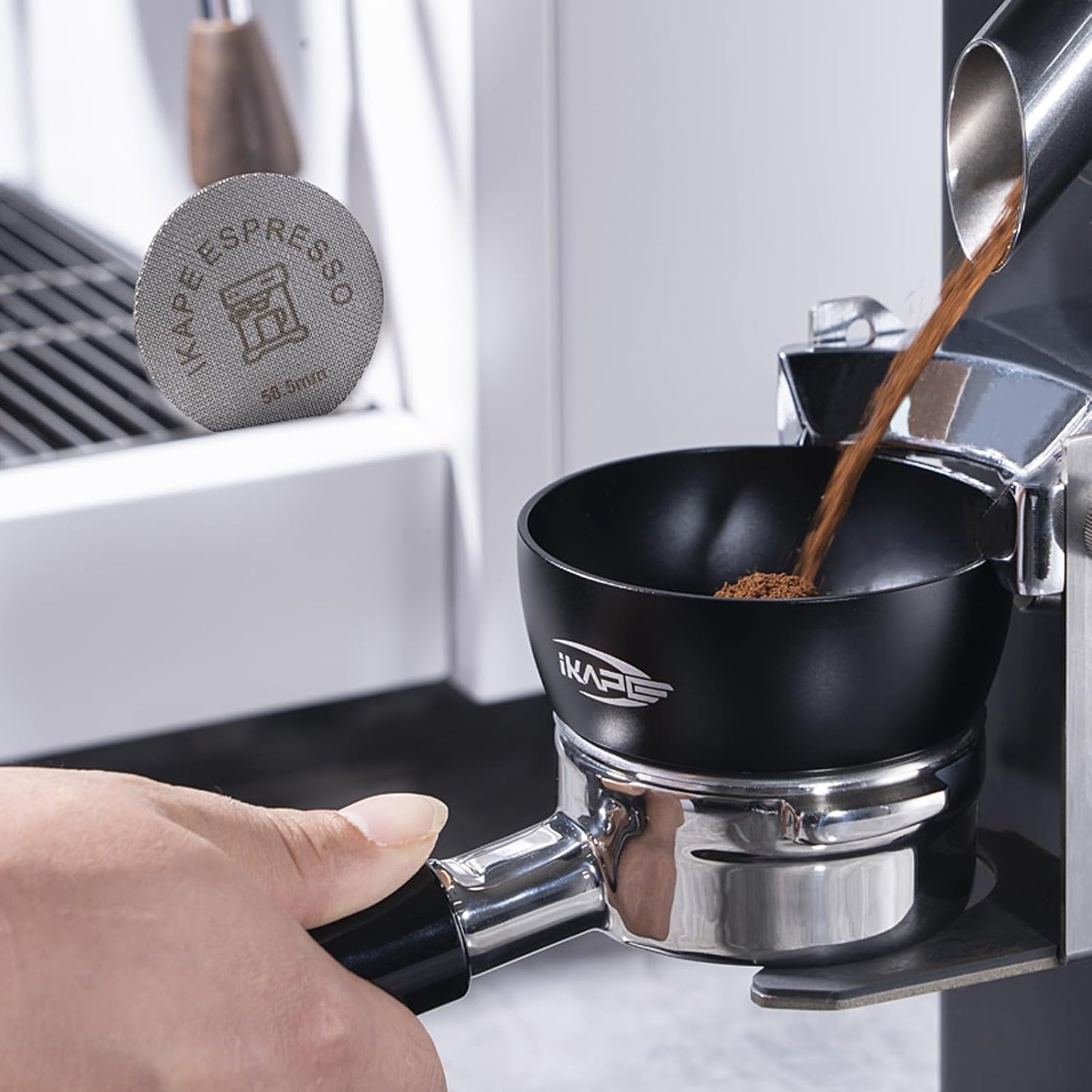 IKAPE Magnetic Dosing Funnel Set, 58MM Espresso Dosing Ring & Puck Screen Kit Compatible with 58 mm Bottomless Portafilter - with 10 Small Magnet (Black)