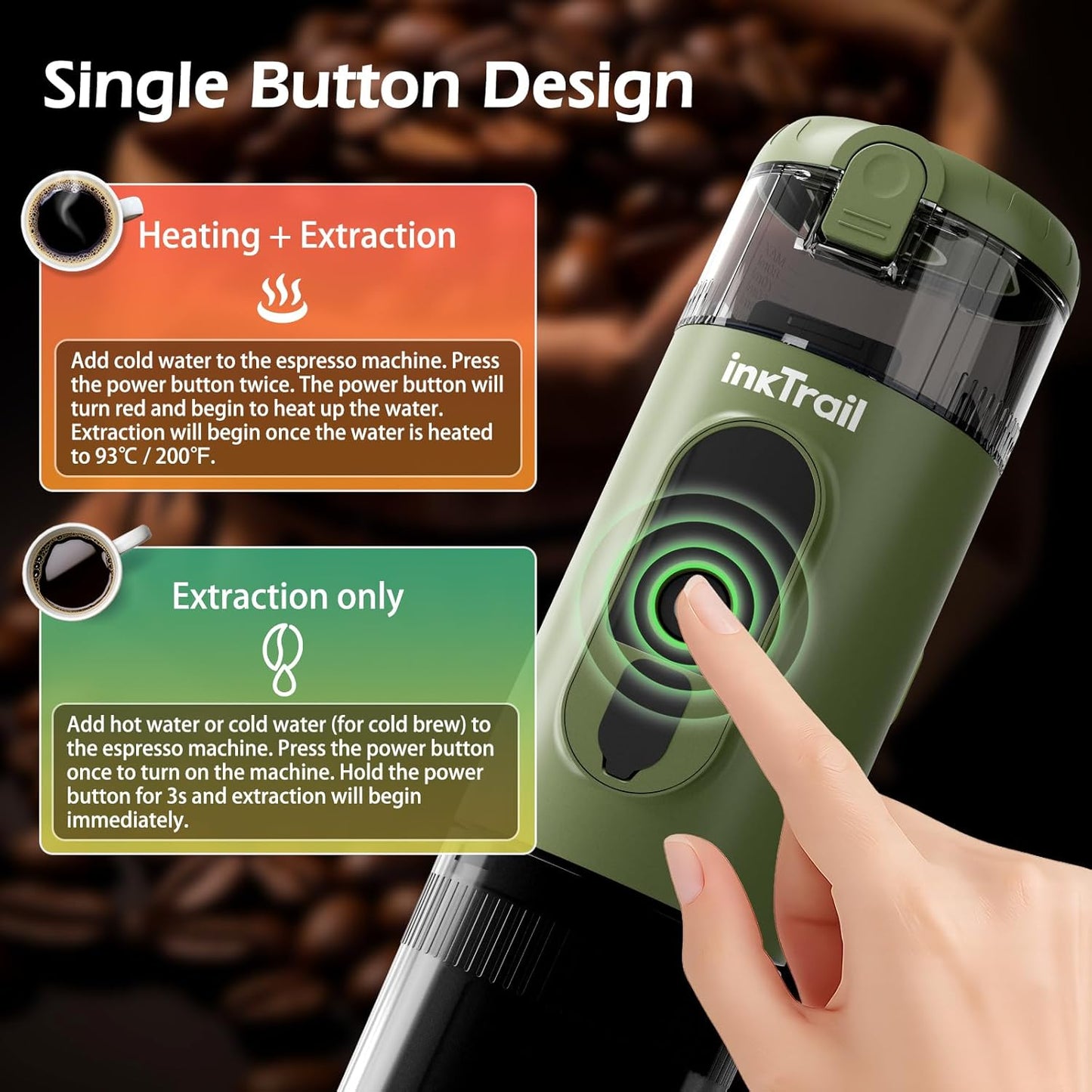 InkTrail Portable Electric Espresso Machine,Travel Coffee Maker for Camping, Self-Heating with Rechargeable Battery, Compatible with Ground Coffee & NS Original Capsule for Car, RV, Hiking, Office