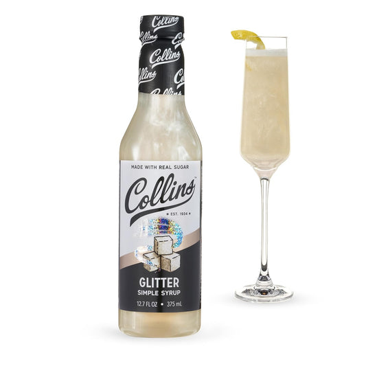 Collins Glitter Simple Syrup, Sparkle Cocktail Mixer with Edible Shimmer, Made with Real Sugar, No High-Fructose Corn Syrup, Ideal for Festive Cocktails and Mocktails, Party Essentials, 12.7 oz