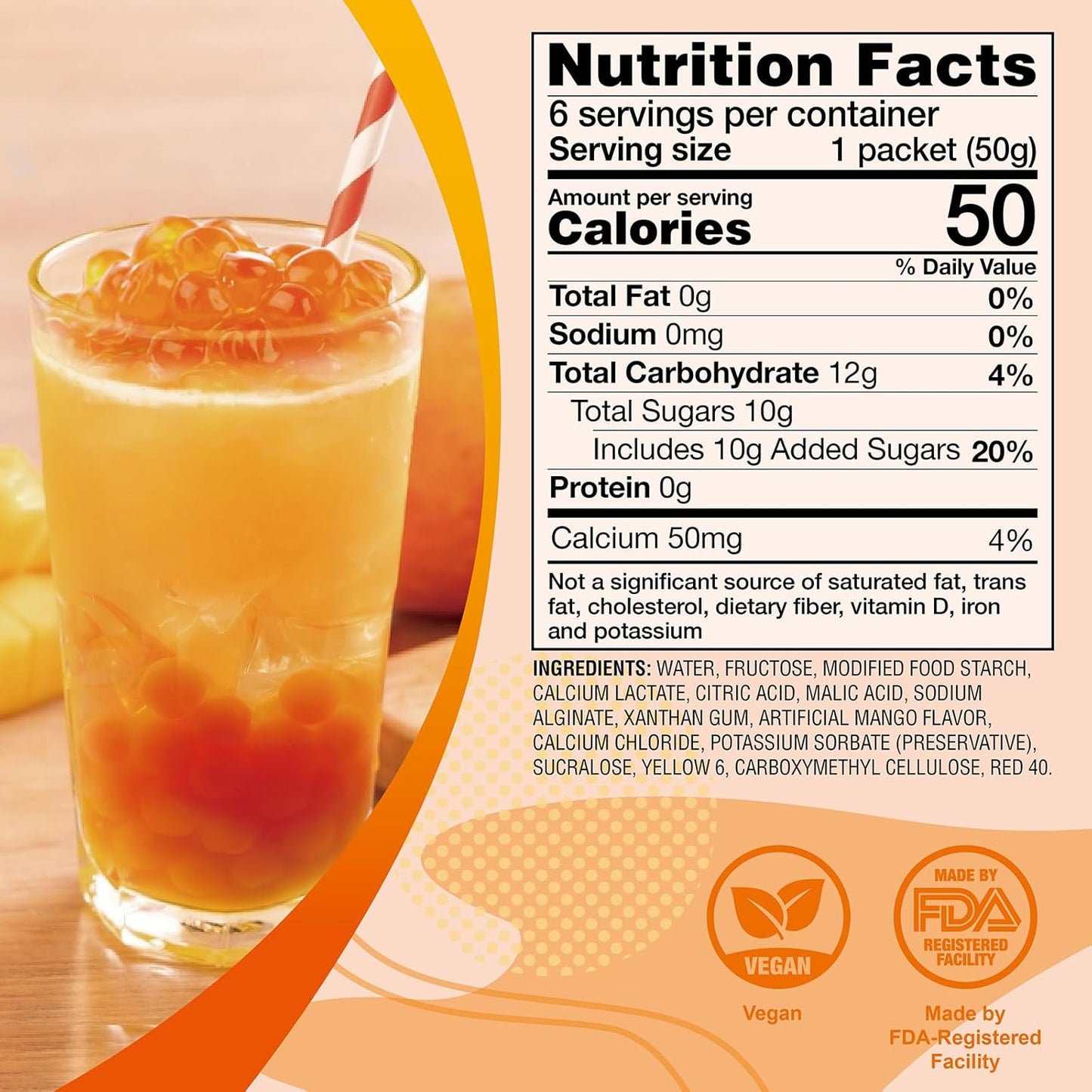 J WAY Bursting Popping Mango Boba Pearls, Mango Syrup, Non-Dairy, Fat-Free Popping Tapioca Boba for Beverages, Sweets, Ice Cream, 1.8oz (Pack of 6)