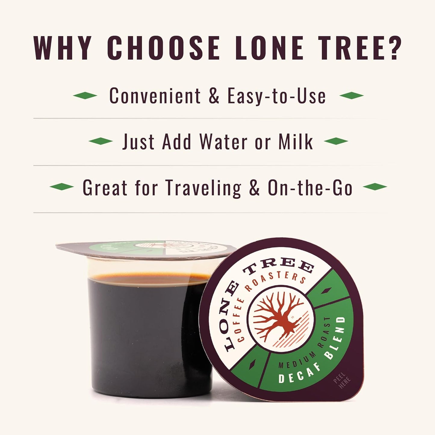 Lone Tree Single-Serve Coffee Pods – Premium 100% Arabica Liquid Concentrate – Smooth & Bold Decaf – 12 Pods – Ready Hot or Iced