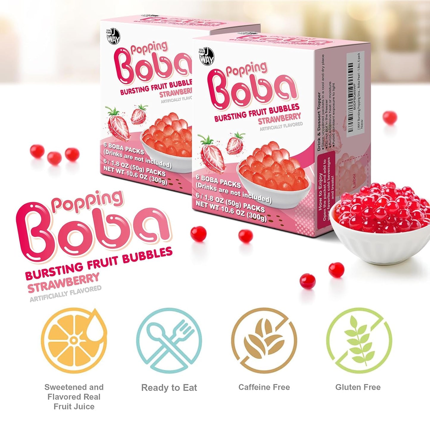 J WAY Bursting Popping Strawberry Boba Pearls, Strawberry Syrup, Non-Dairy, Fat-Free Popping Tapioca Boba for Beverages, Sweets, Ice Cream, 1.8oz (Pack of 6)