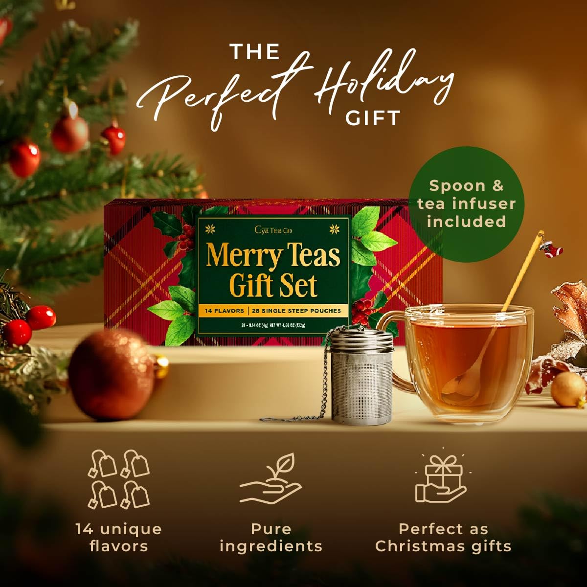 Gya Tea Co 14 Flavors Merry Tea Gift Set Variety Pack (28 Packs) - Assorted Loose Leaf Tea Sampler for Warm Holidays - Get Well Gifts With Infuser & Spoon