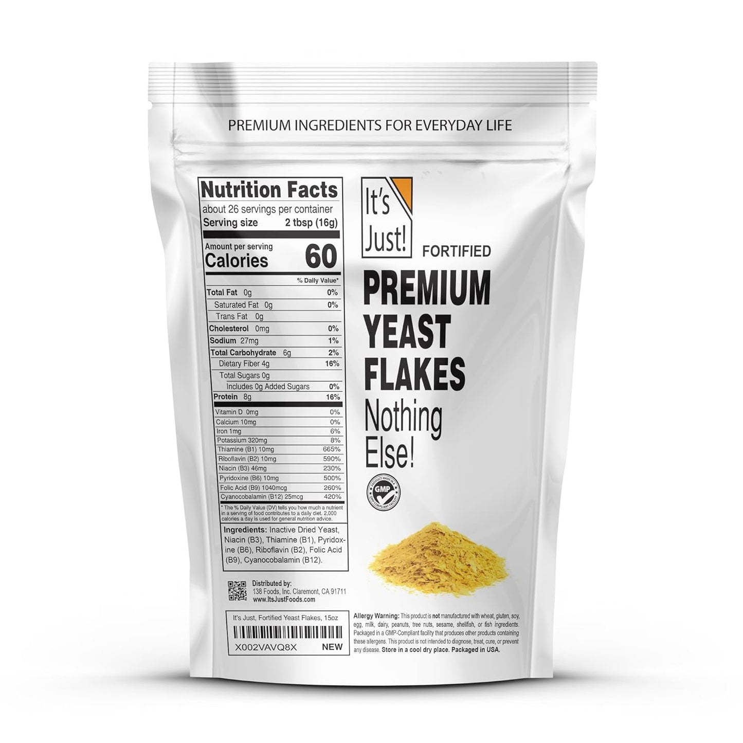 It's Just - Yeast Flakes, Nutritional Yeast, Premium Fortified, Nooch, Vegan Cheese Substitute (15oz Ounces)