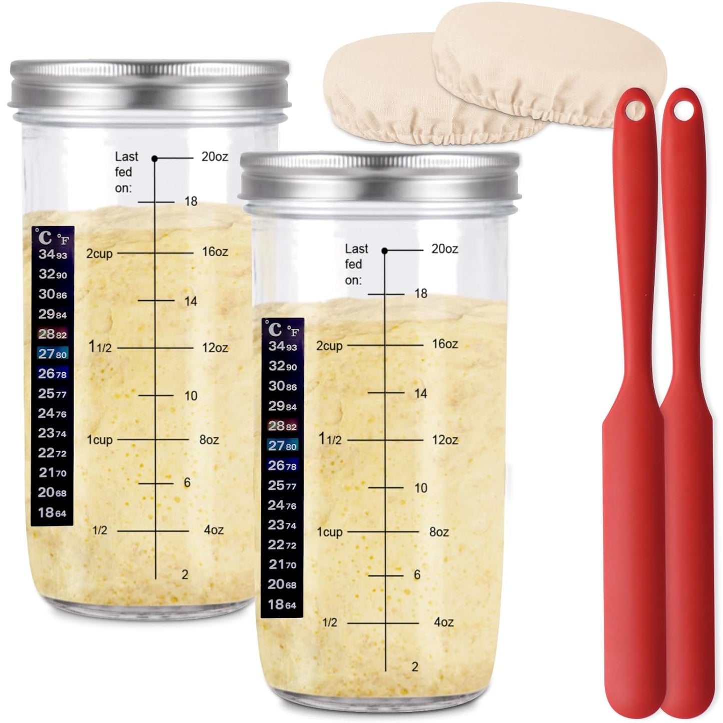 24 OZ/2 Pack Pro Pack Pro Sourdough Starter Kit – Extra Thermometer Strips and Breathable Covers Included in Sourdough Starter Jar – A Perfect Sourdough Bread Starter Kit for Beginners to Expert