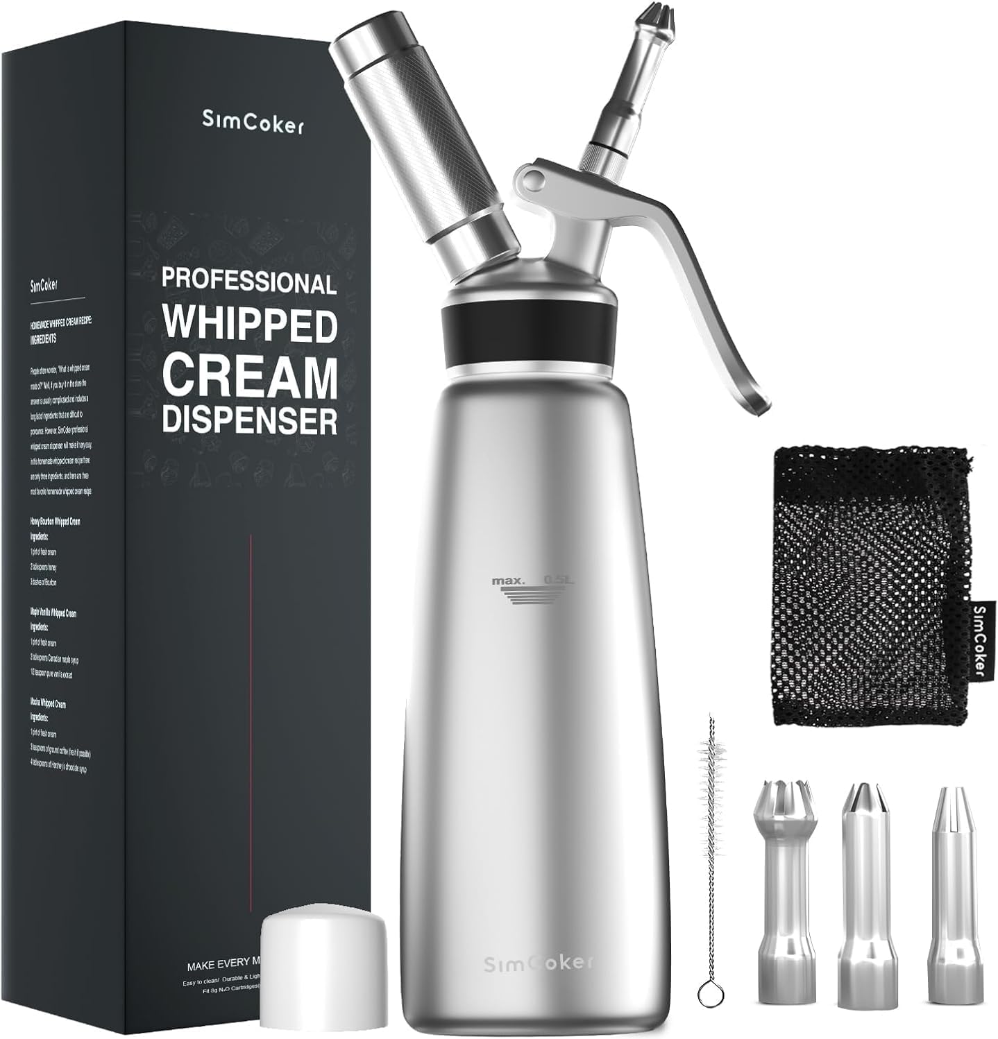 Whipped Cream Dispenser,Aluminum 500ml Whipped Cream Maker,3 Decorating Nozzles,1 Brush,1 Storage Bag,withou N2O Chargers,Sliver