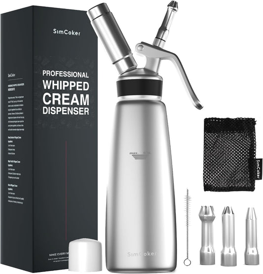 Whipped Cream Dispenser,Aluminum 500ml Whipped Cream Maker,3 Decorating Nozzles,1 Brush,1 Storage Bag,withou N2O Chargers,Sliver