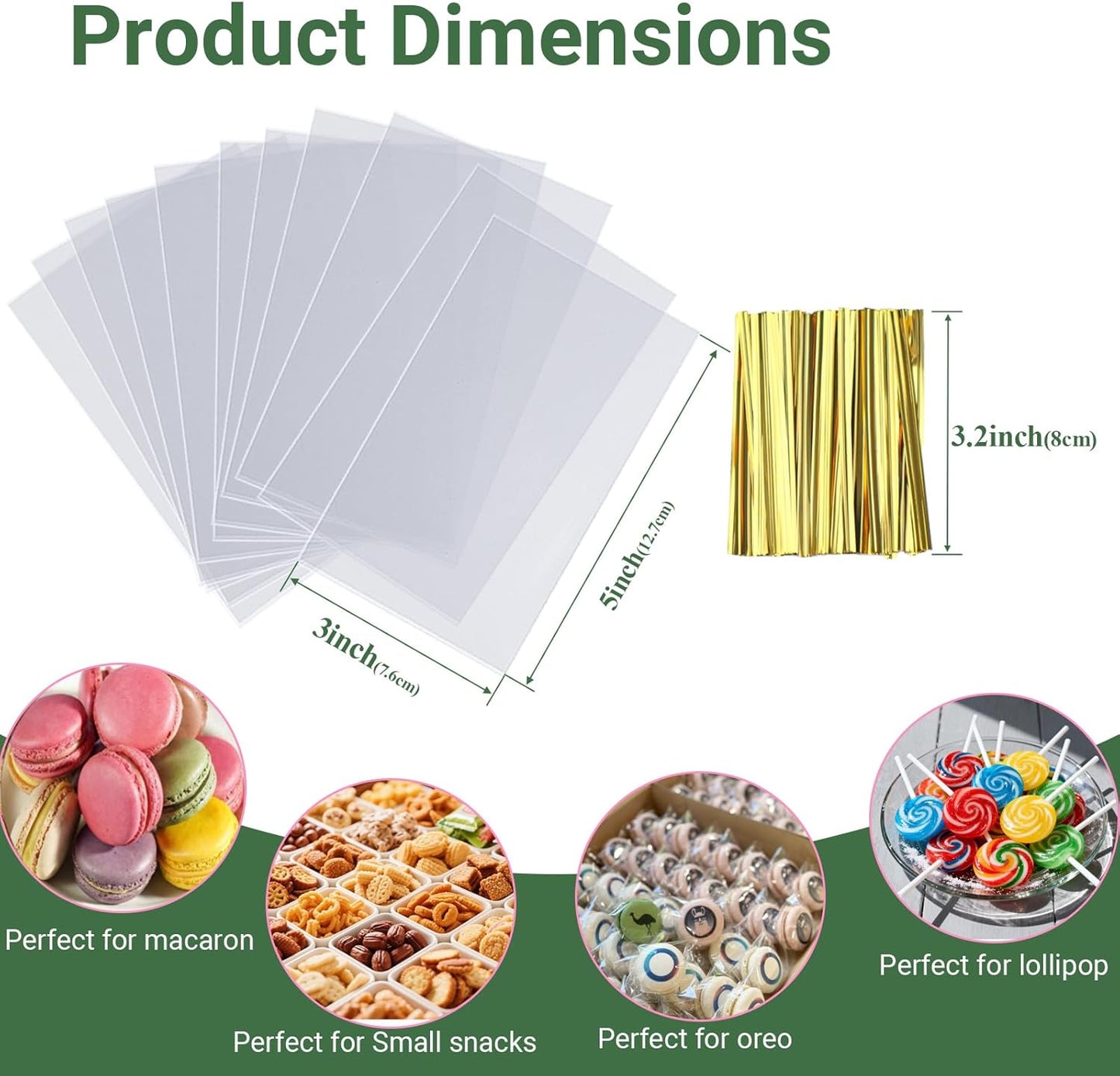 ROSPAKTEK 100 Pcs Cellophane Treat Bags 3x5 Inch with 100 Twist Ties - OPP Plastic Cake Pop Bags for Lollipop, Candy, Chocolate, Cookie Wrapping & Buffet