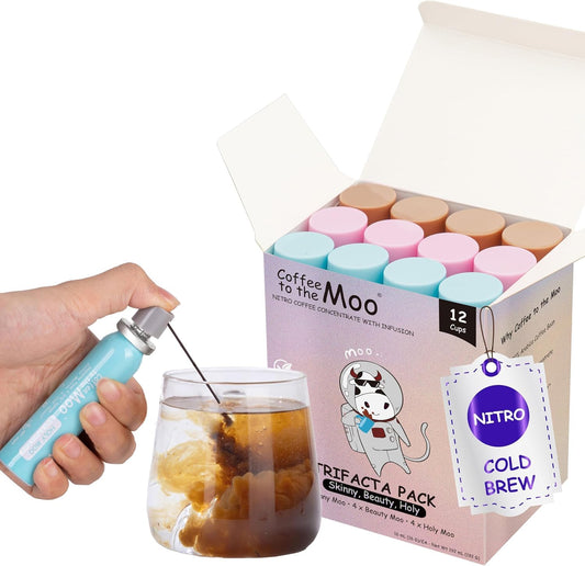 Coffee to the Moo Nitro Cold Brew Coffee Concentrate - Mix Pack (KETO, Collagen & Mushroom Coffee) | Instant Iced or Hot | Pocket/Purse Sized, Travel & Gifts Friendly | Makes 12 Cups