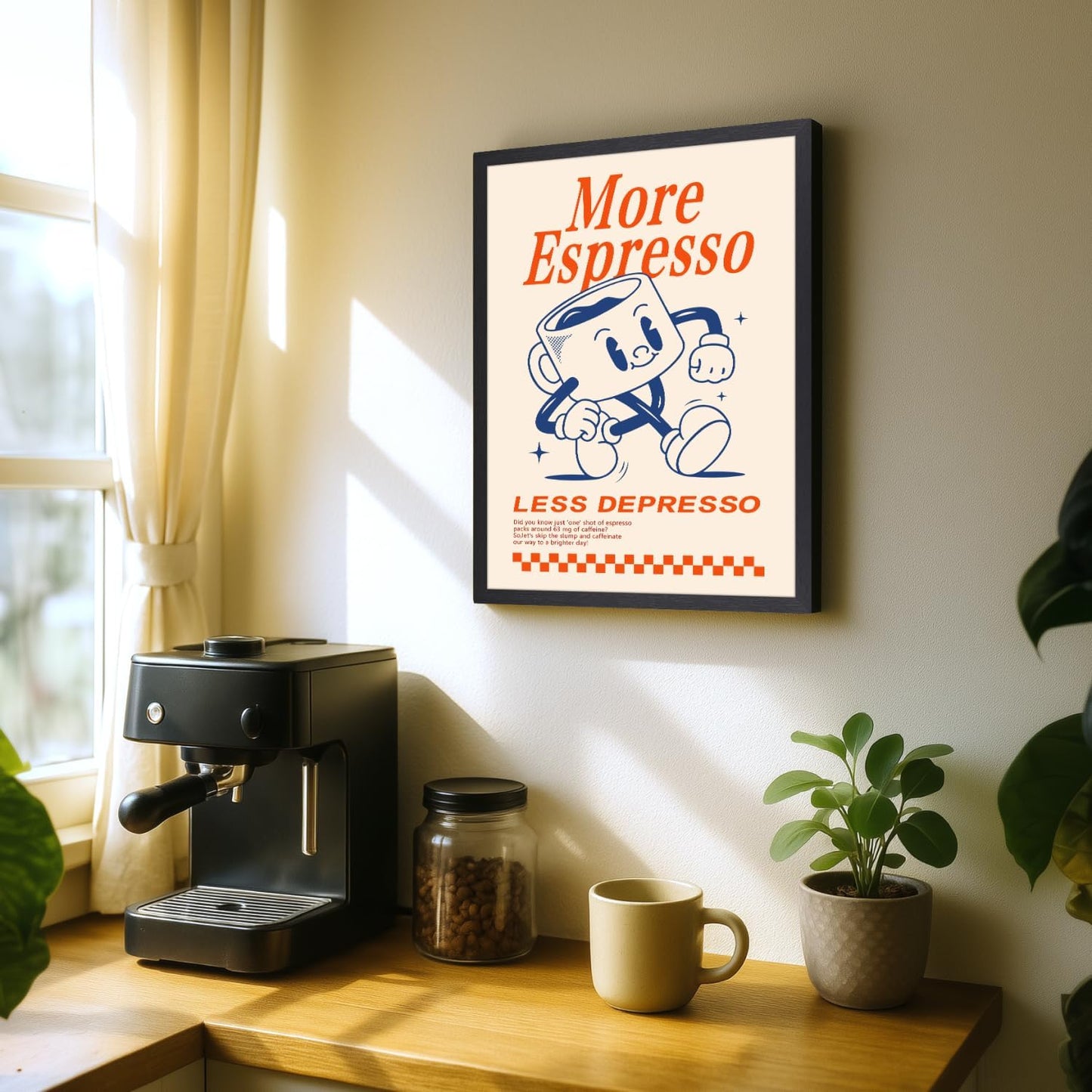 GELDSTEI Wood Framed Cute Coffee Wall Art, More Espresso Less Depresso Wall Decor, Funny Coffee Bar Aesthetic Picture, Vintage Cafe Bar Poster Print, Retro Cafe Cup Canvas Painting for Kitchen 12"x16"