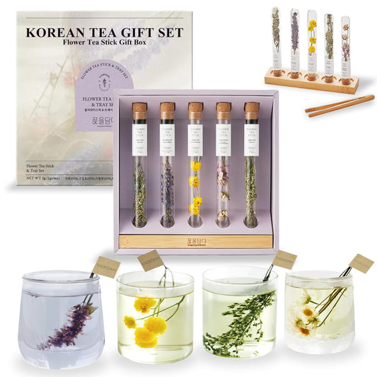 KKOKDAM Fancy Korean Tea Gift Set – Premium Flower Tea Stick Variety Pack with Tray - 5 Loose Leaf Blooming Flower Teas