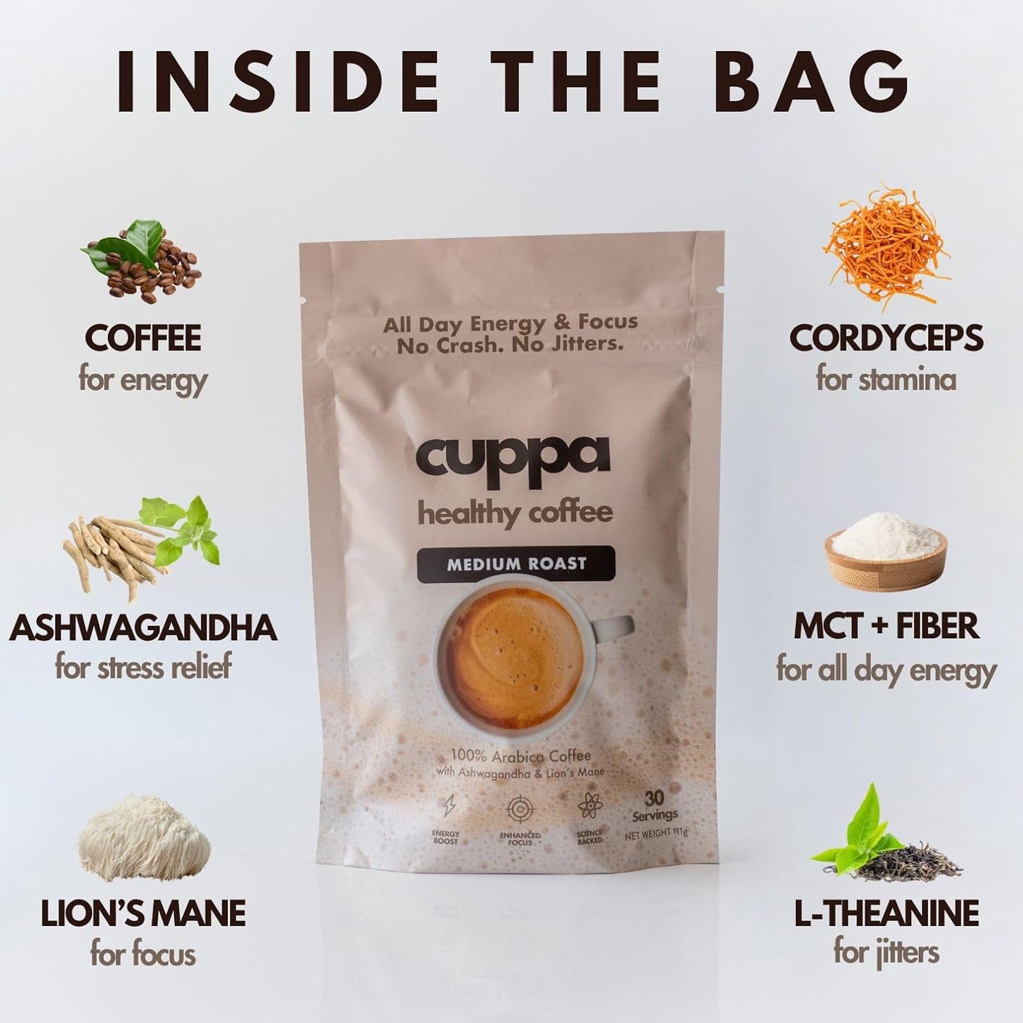 Cuppa Healthy Mushroom Insant Coffee with Lion's Mane & Ashwagandha for All Day Energy & Focus - No Crash or Jitters - Nootropics for Brain Health, Gut Health, Immunity, Stress, Memory + Mood - 60 Servings
