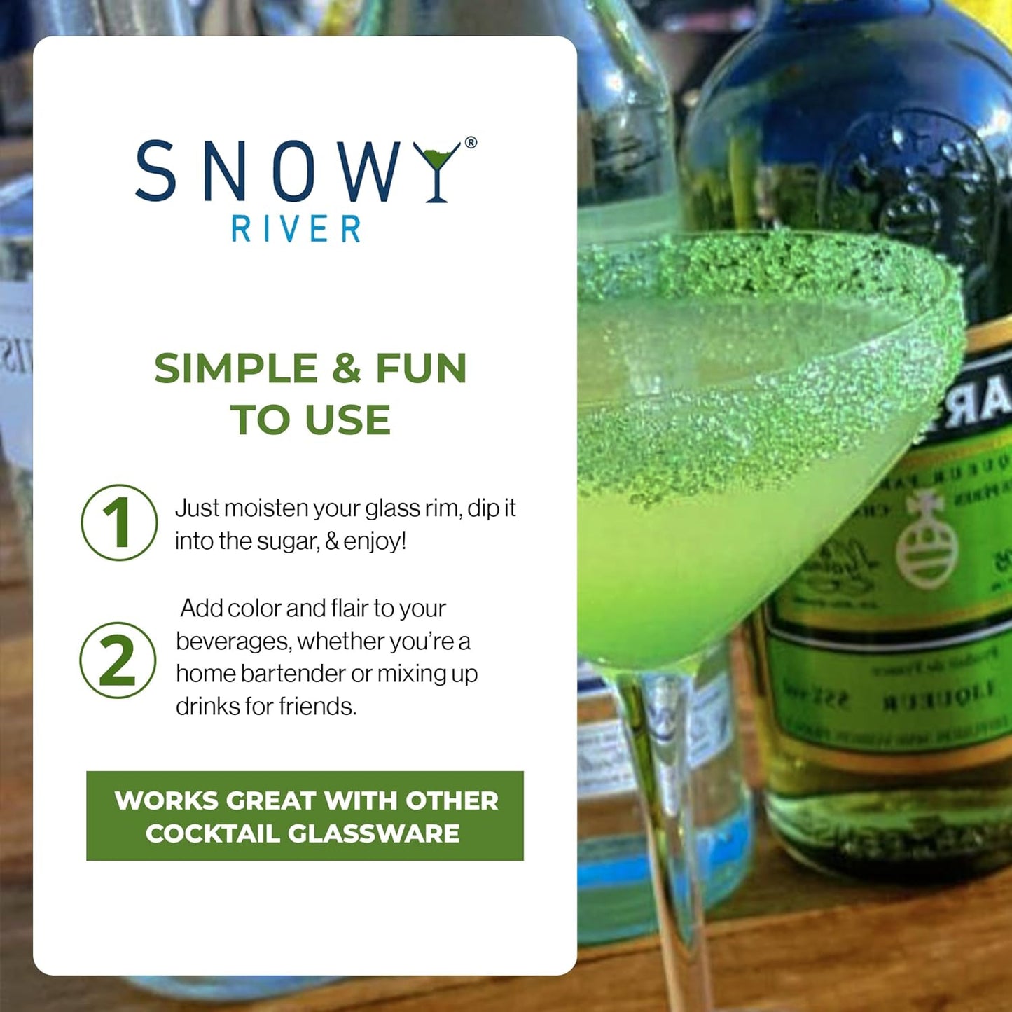 Snowy River Green, Cocktail & Margarita Sugar Rimmer - Vibrant Naturally Colored Sugar for Cocktail Rimming, Baking & Decorating, Medium Crystal - 80oz