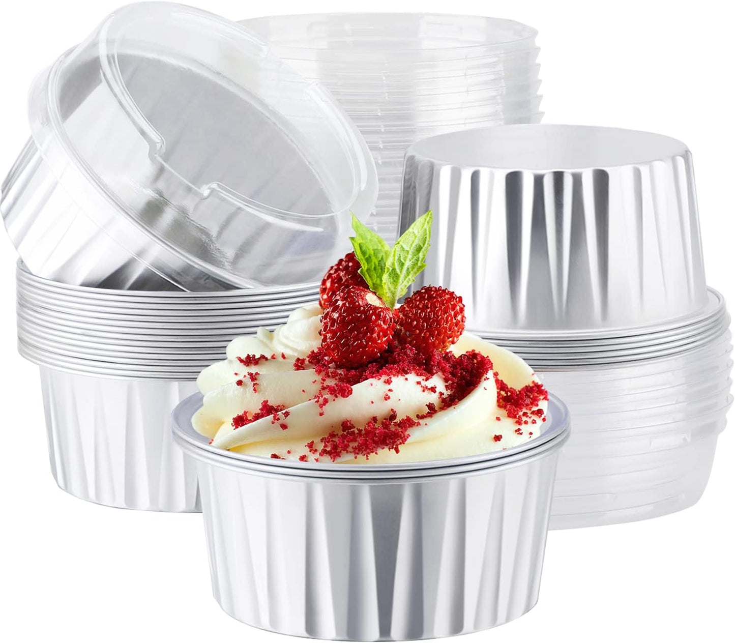 EUSOAR Disposable Creme Brulee Ramekins, Silver 25Packs 5oz Baking Cups with Lids Mini Muffin Liners, Dessert Cheesecake Pan Creme Brulee Cupcake Containers for Catering Gathering Club Wedding Party