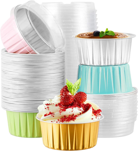 EUSOAR Cupcake Liners for Baking, 50pcs 5oz Muffin Liners, Disposable Foil Ramekins, Dessert Containers, Aluminum Foil Baking Cupcake Cups Holders Pans with Lids 5 Colors Mixed