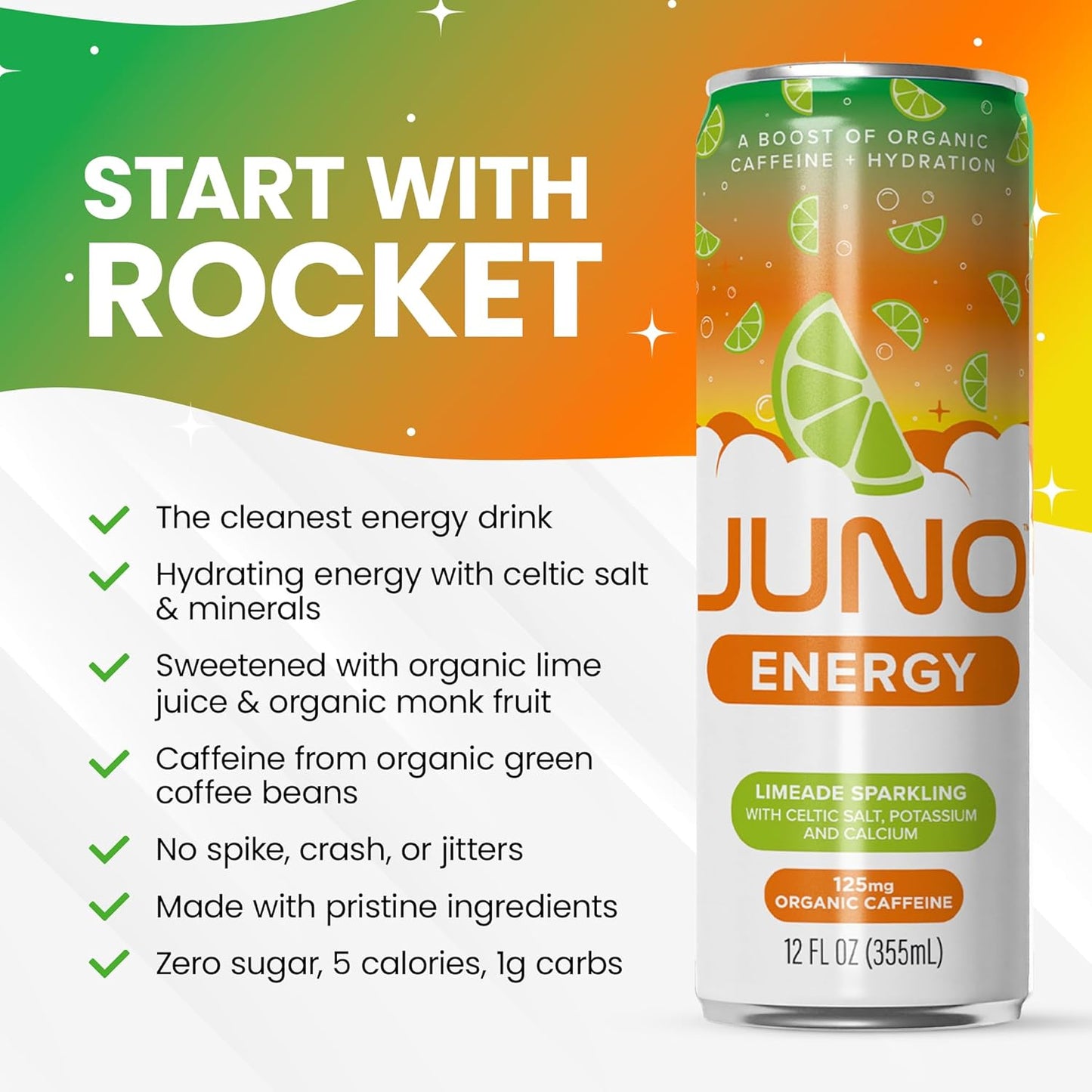 JUNO ENERGY Limeade Sparkling Energy Drink - Sugar Free Electrolytes, Energizing and Hydrating with 125mg Organic Caffeine from Green Coffee Beans, Organic Monk Fruit, Lime Juice & Electrolytes - Vegan, Gluten Free, 12 Pack