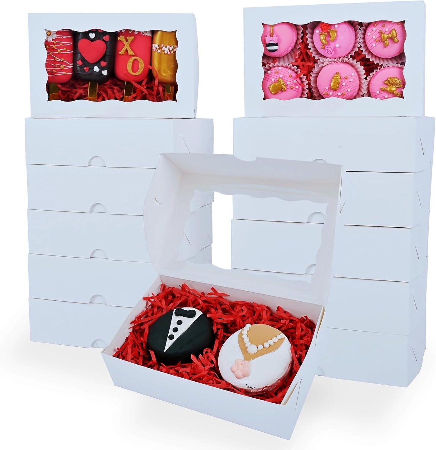 White Rectangular 7"X4.3"X1.5" Dishwasher Safe Clear Window Pastry Boxes - 100 Count for Cookies, Macarons, Donuts, Cakes