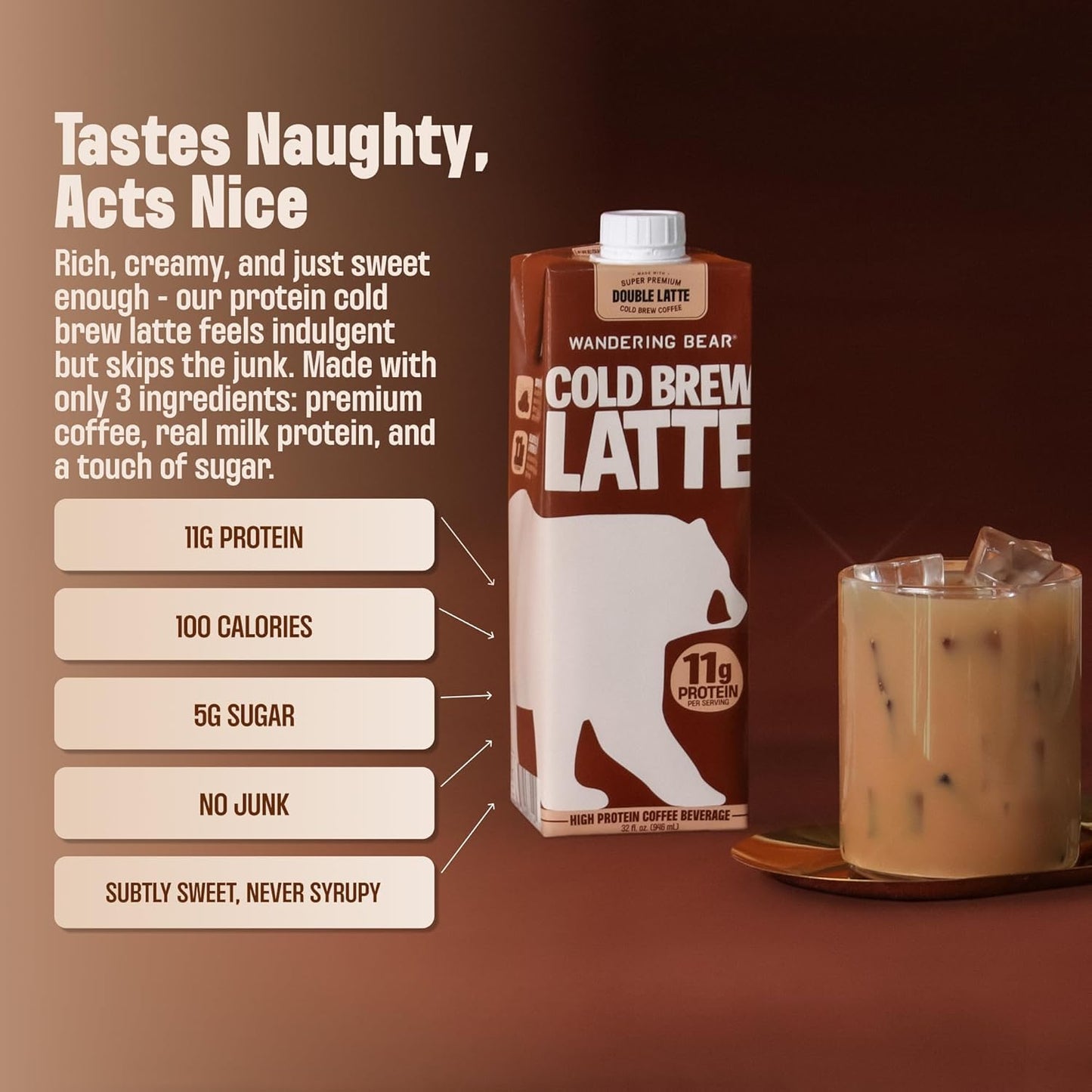 Wandering Bear Double Latte Organic Cold Brew Coffee — 32 fl oz, 6 pack - Creamy High-Protein Cold Brew Latte, 11 g Protein, Only 100 Calories, 5 g Sugar, Double Shot Strength (Shelf-Stable)