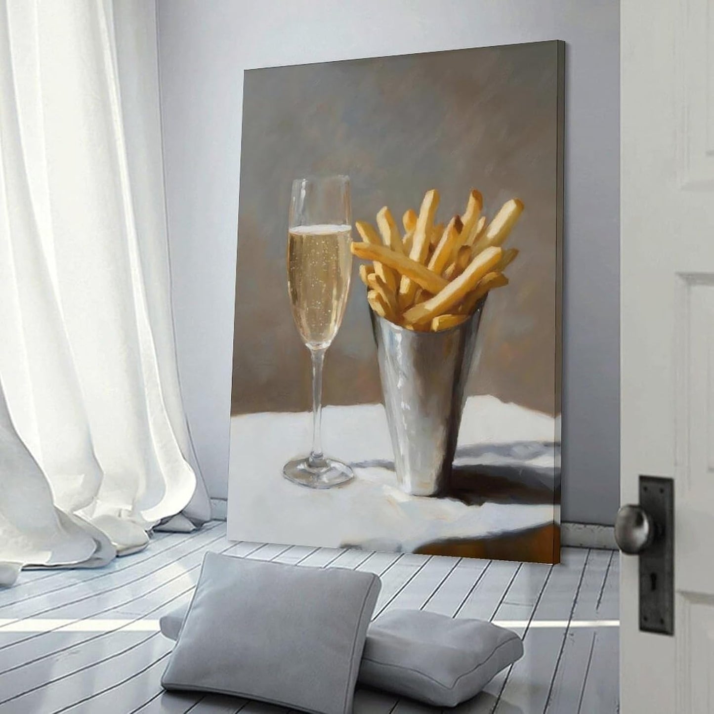 Pomme Frites And Champagne Bar Cart Canvas Printing Painting Poster Cute Quirky Whimsical Cocktail Art Bar Cart Decor French Fries Trendy Home Wall Art Decoration 08x12inch(20x30cm)