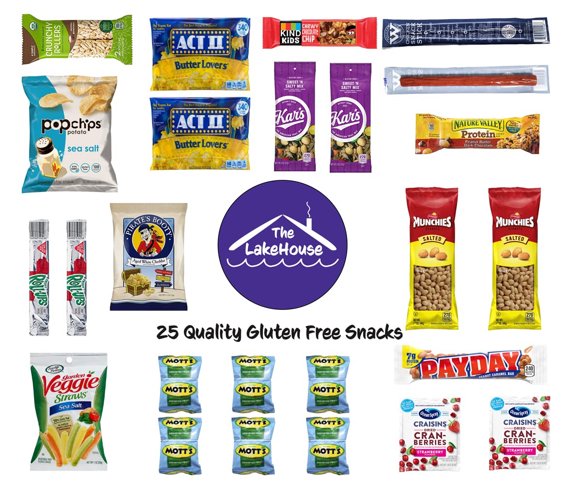 LakeHouse 25 Gluten Free Snacks - Quality Celiac-Friendly Healthy Snacks Variety Pack For Kids Adults - Gluten Free Snack Box - College Care Package Gift Basket - Snack Boxes For Kids