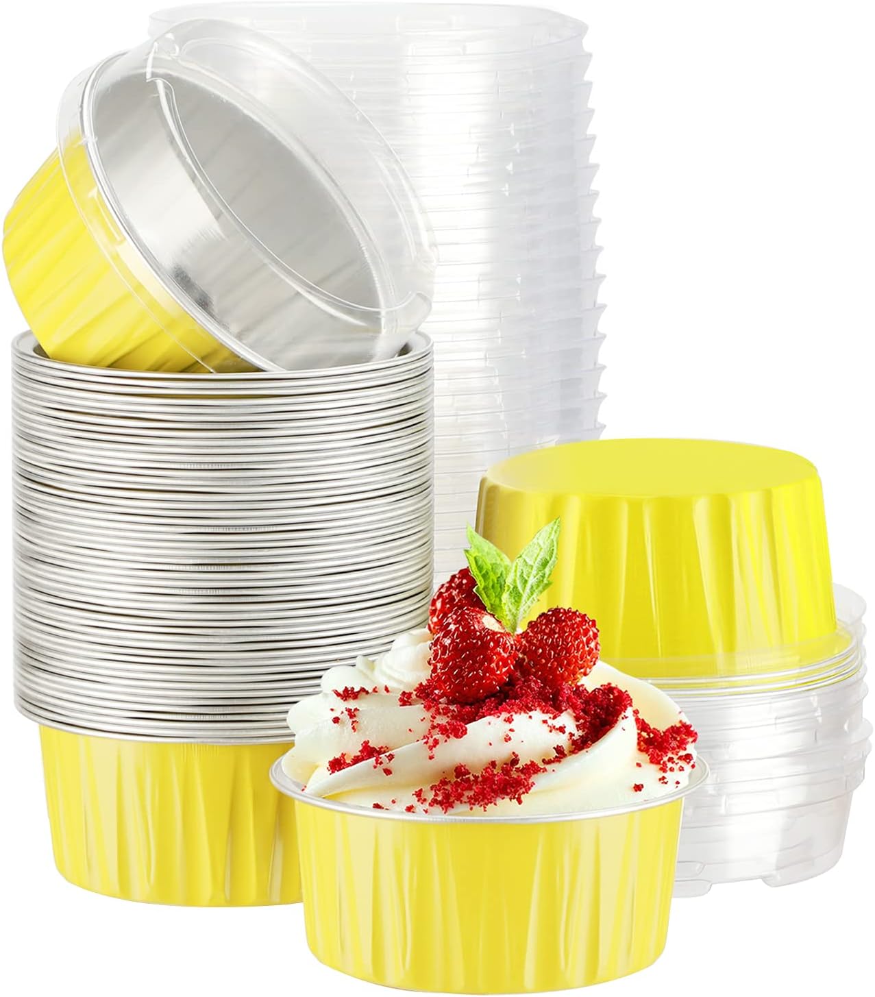 EUSOAR Aluminum Ramekins with Lids, 50pcs 5oz Aluminum Foil Baking Cups, Disposable Foil Ramekins Muffin Liners, Aluminum Foil Dessert Containers Cupcake Holders Pans with Lids Yellow