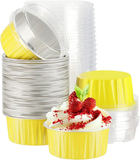 EUSOAR Aluminum Ramekins with Lids, 50pcs 5oz Aluminum Foil Baking Cups, Disposable Foil Ramekins Muffin Liners, Aluminum Foil Dessert Containers Cupcake Holders Pans with Lids Yellow
