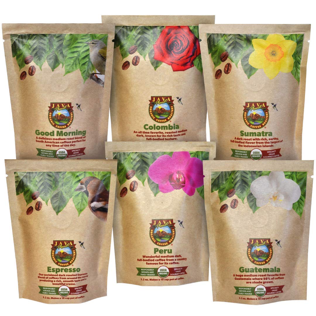 Sampler Variety Pack, Low Acid Organic Coffee Beans: Whole Bean, Mold-Free & Stomach Friendly, by Java Planet - Arabica Gourmet Coffee, 1.32 LBs of coffee packaged in six 3.2 oz bags