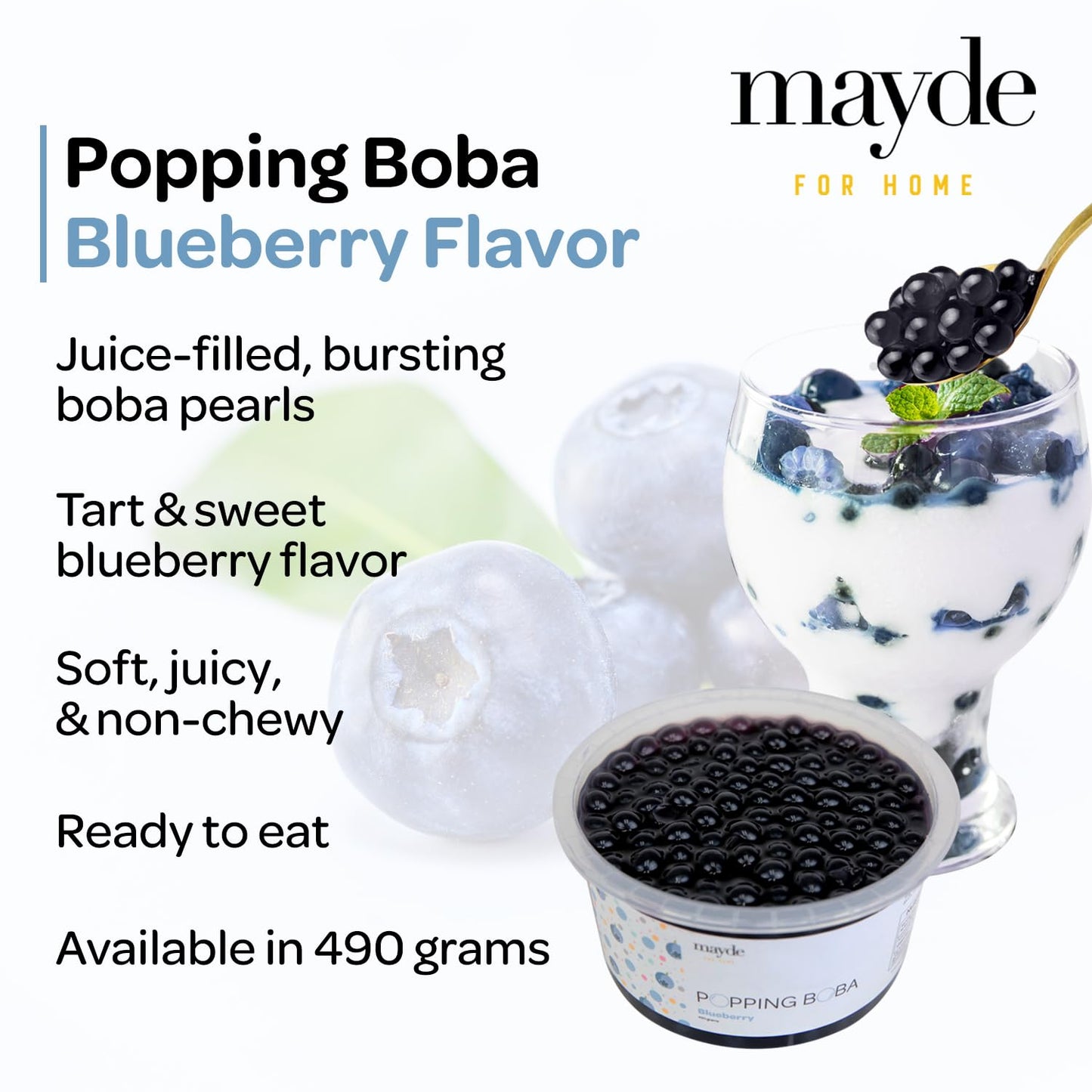 Mayde Popping Boba Pearls for Drinks, Desserts, & Breakfast Bowls, Blueberry Flavor, 490 grams