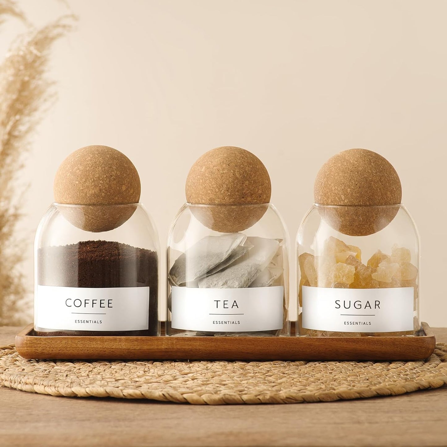 Glass Jars with Cork Lids, 3 Pack Small Decorative Jars with Acacia Tray, Bathroom Qtip and Cotton Ball Holder Set, Cute Coffee Bar Containers for Sugar Candy Tea, Apothecary Jars (17oz)