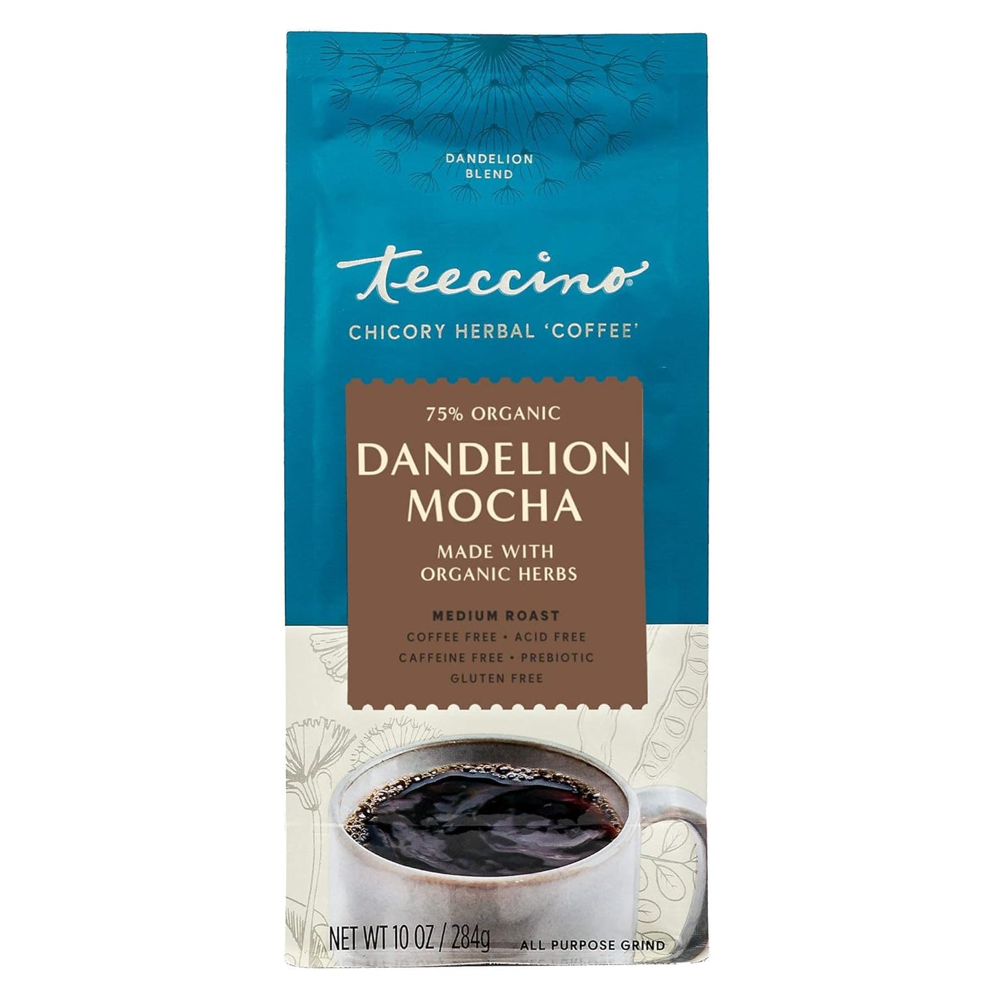 Teeccino Dandelion Mocha Herbal Coffee - Caffeine-Free Coffee Alternative with Prebiotics, Gluten Free, Acid Free - Medium Roast, 10 oz