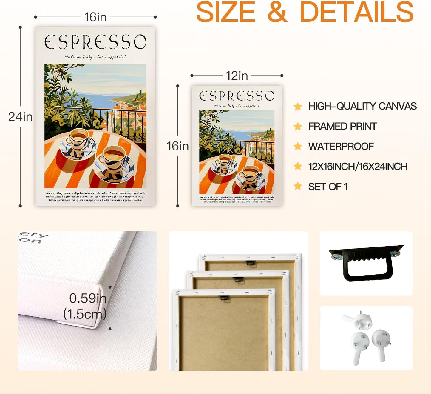 GELDSTEI Coffee Wall Art, Vintage Espresso Wrapped Canvas Print, Italian Coffee Poster Print, Cafe Bar Decoration, Retro Italian Cafe Wall Decor for Kitchen Dining Room Framed Ready to Hang 12"x16"