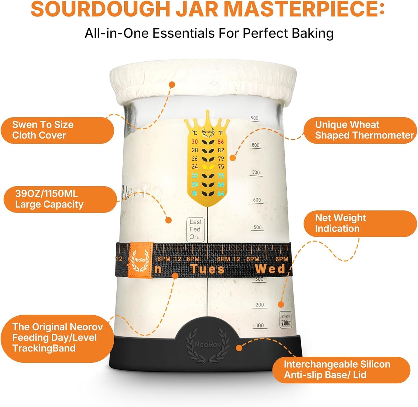 Pro Sourdough Starter Kit - 39 Oz Glass Sourdough Starter Jar (With Cloth Lid,Silicone Base,Scraper,Date Tracker,Temp Strip) - Sourdough Bread Baking Supplies For Sour Dough Bread Loaf (Black)