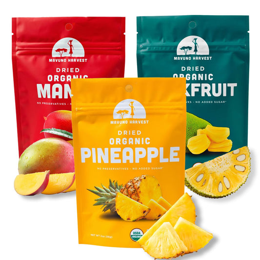 Mavuno Harvest Organic Dried Fruit Variety Pack | Dried Mango, Pineapple, and Jackfruit | Healthy, Vegan, No Sugar Added, Non GMO Snacks for Kids & Adults | 2 Ounce, Pack of 3