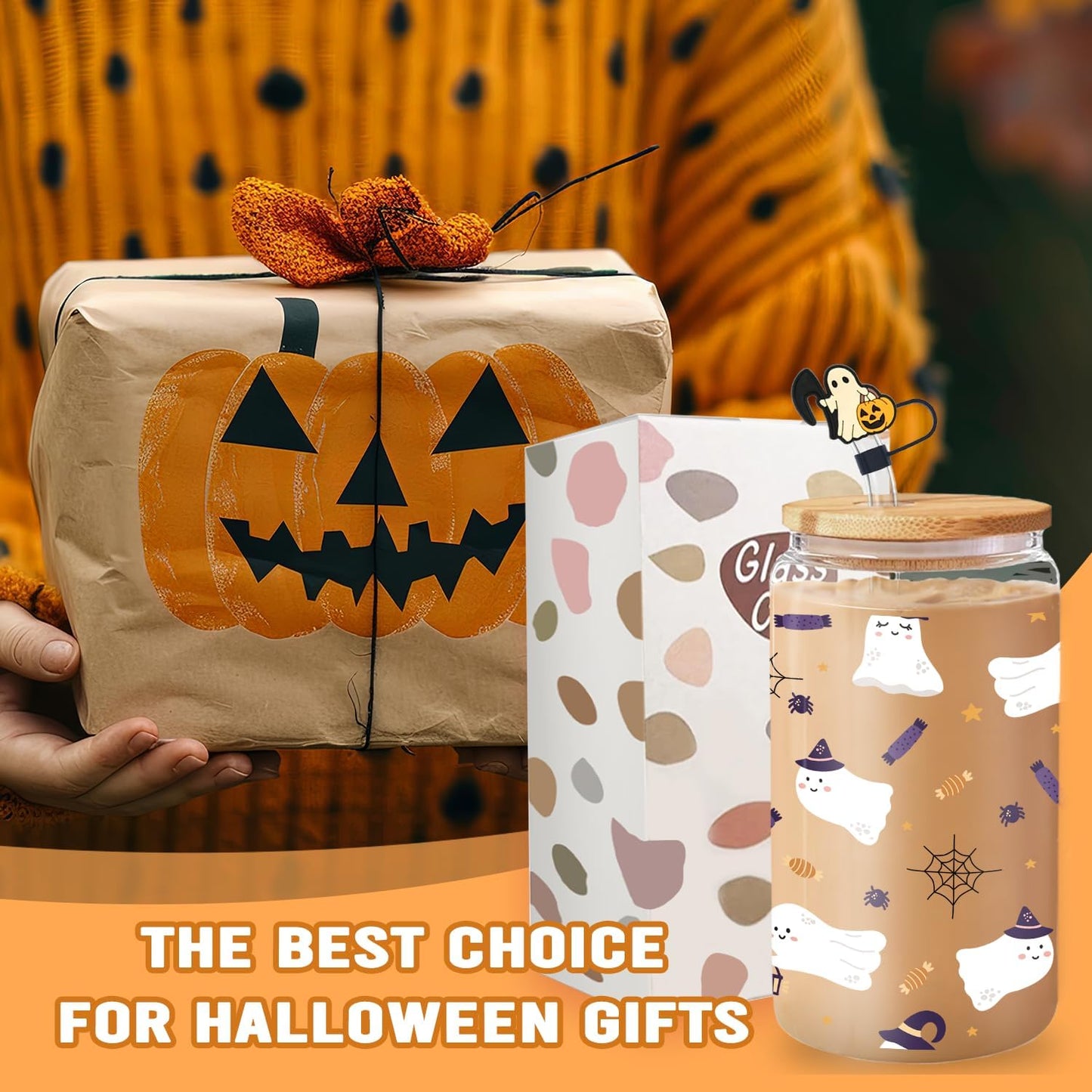 White Ghost Glass, 16 Oz, Fall Iced Coffee Mug with Straw and Lid, Perfect for Gothic Horror Themed Gifts and Thanksgiving Gifts (One)