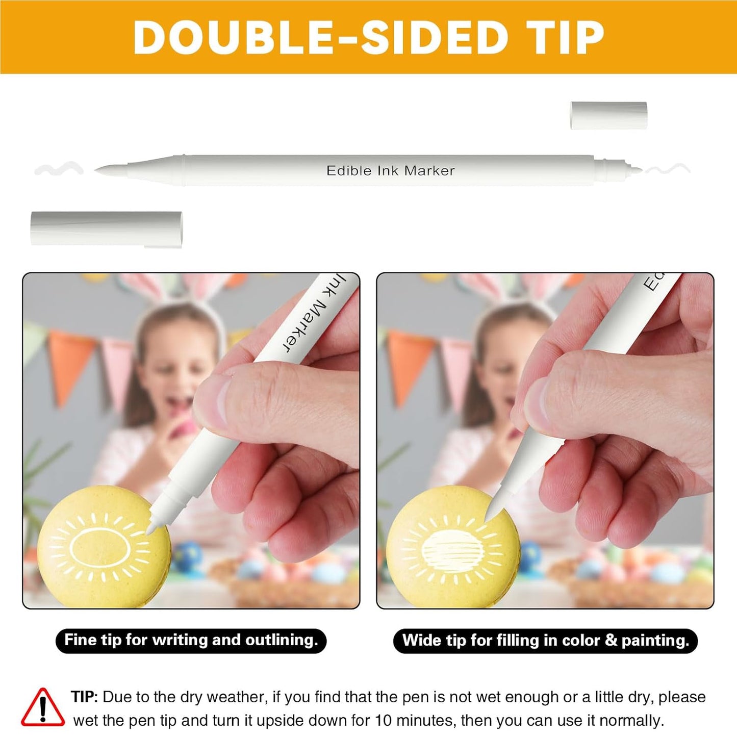 3pcs White Edible Markers for Cookie Decorating, Food Coloring Pens, Double Side Food Grade Pens with Fine & Thick Tip for Decorating Fondant, Cakes, Cookies, Easter Eggs, Frosting, Macaron, Halloween, Christmas