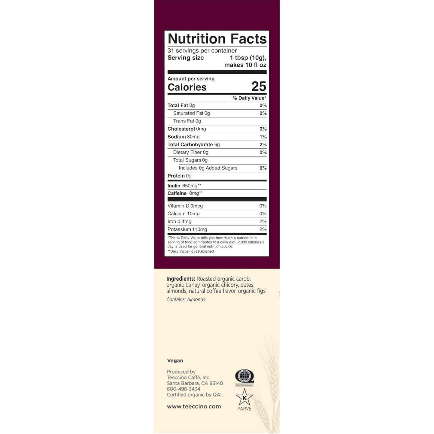 Teeccino Java Chicory Coffee Alternative - Ground Herbal Coffee That’s Prebiotic, Caffeine Free & Acid Free, Medium Roast, 11 Ounce (Pack of 3)