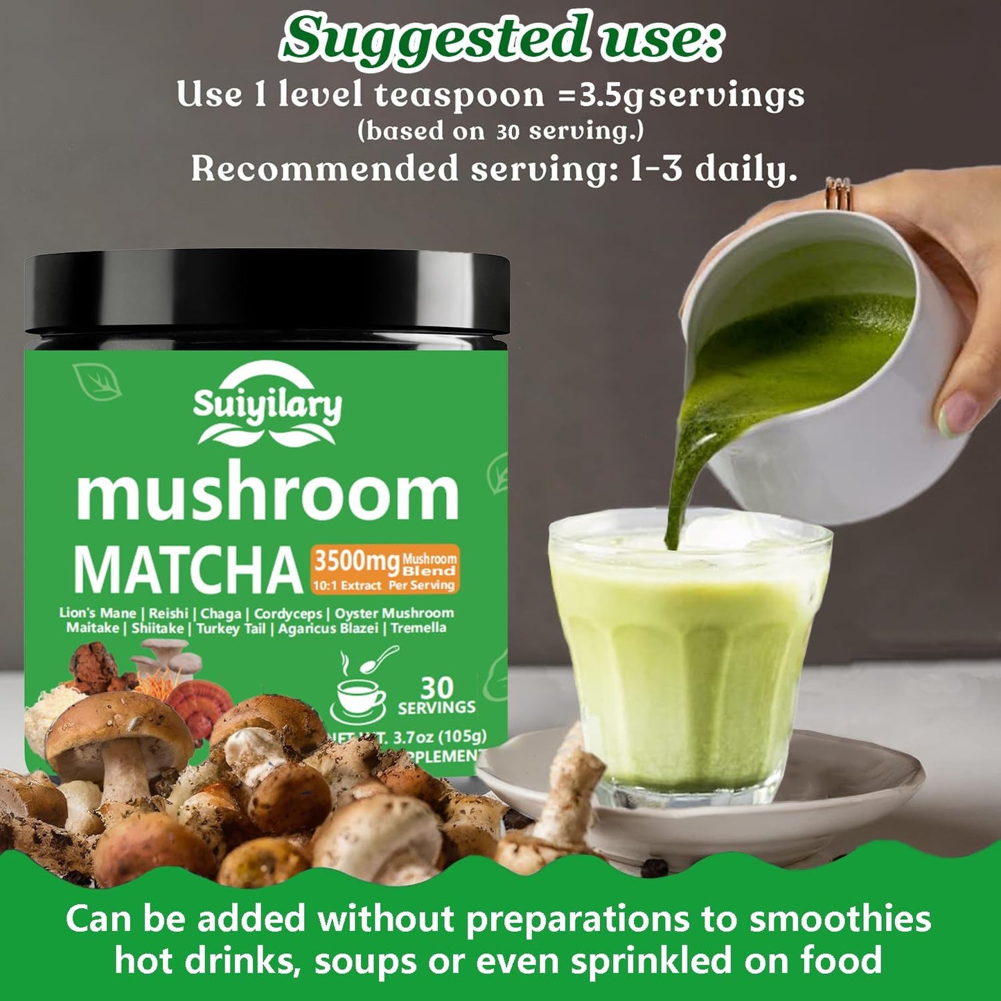 10 Mushroom Matcha Powder with Lion's Mane, Reishi, Mushroom Polysaccharides & More, 3500mg(10:1) Extract, Japanese Ceremonial Matcha for Focus, Energy, Immunity Boost, Memory - 30 Serving